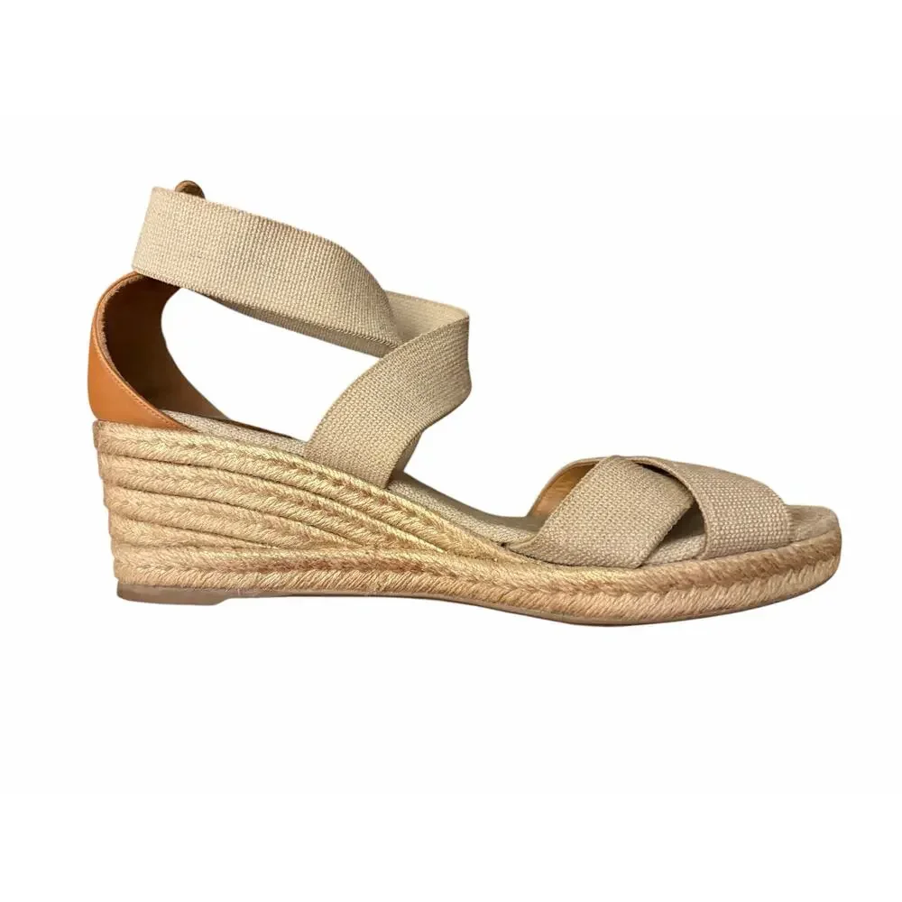 Tory Burch Adonis Beige Canvas Espadrille Wedge Sandals Sz 8.5